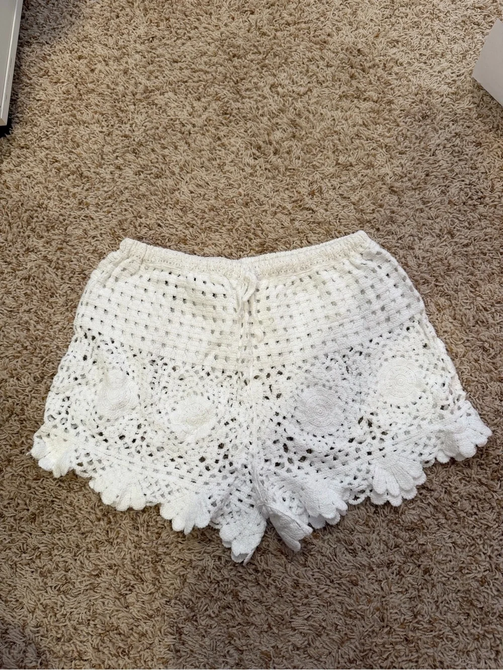 White Crochet Swim Coverup Shorts with Floral Openwork
